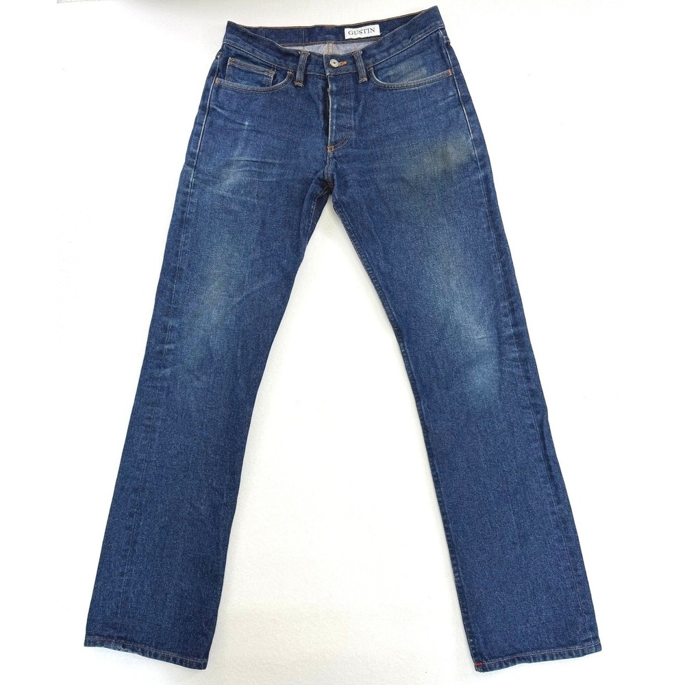 Gustin Mens Straight Fit Raw Denim Jeans Blue Button Fly Size 33 Made in USA